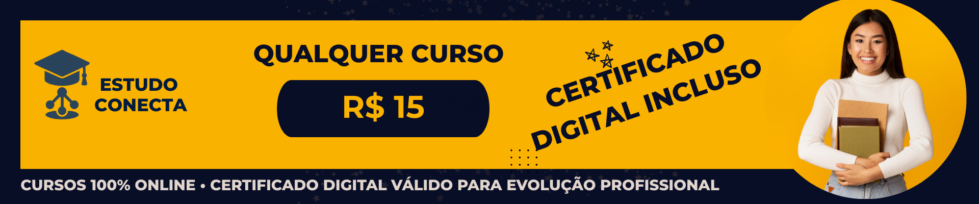 Qualquer curso por R$ 15, com certificado digital incluso