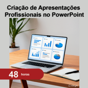 Capa do curso Criação de Apresentações Profissionais no PowerPoint, com um notebook sobre uma mesa com uma apresentação aberta.