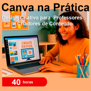 Imagem ilustrativa do curso Canva na Prática., com uma menina sorridente usando o Canva no notebook.